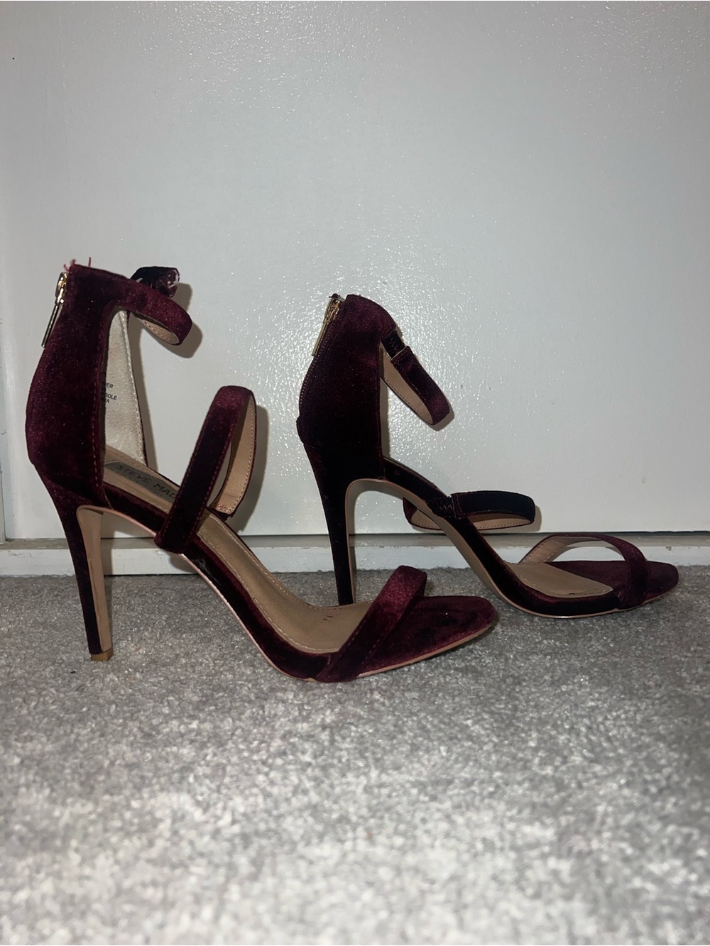 Steve Madden Velvet Ankle-Strap High Heel Sandals in Burgundy